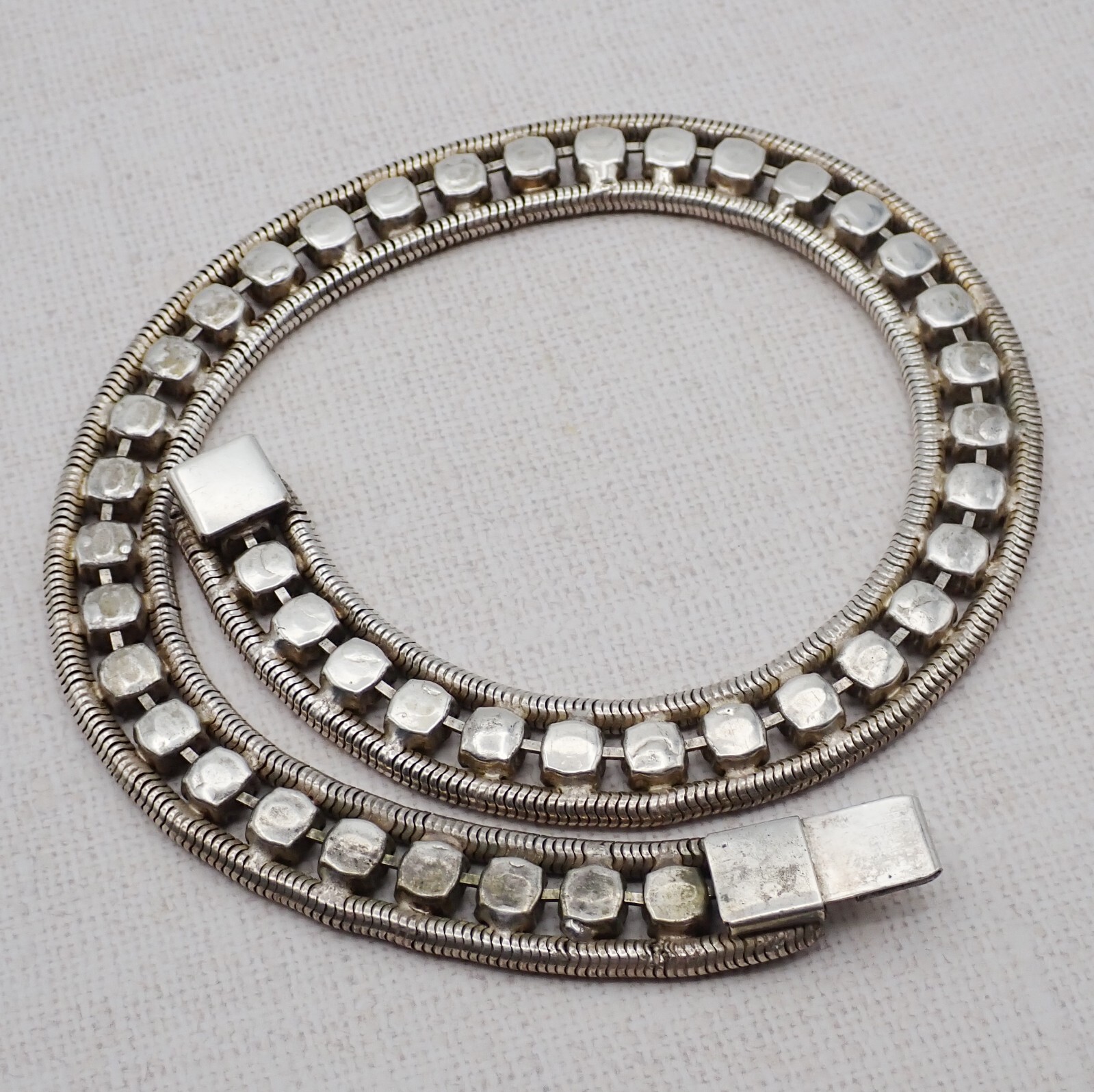 Vtg Double Snake Chain Prong Set Golden Brown Rhinestone 17″ Tennis Necklace
