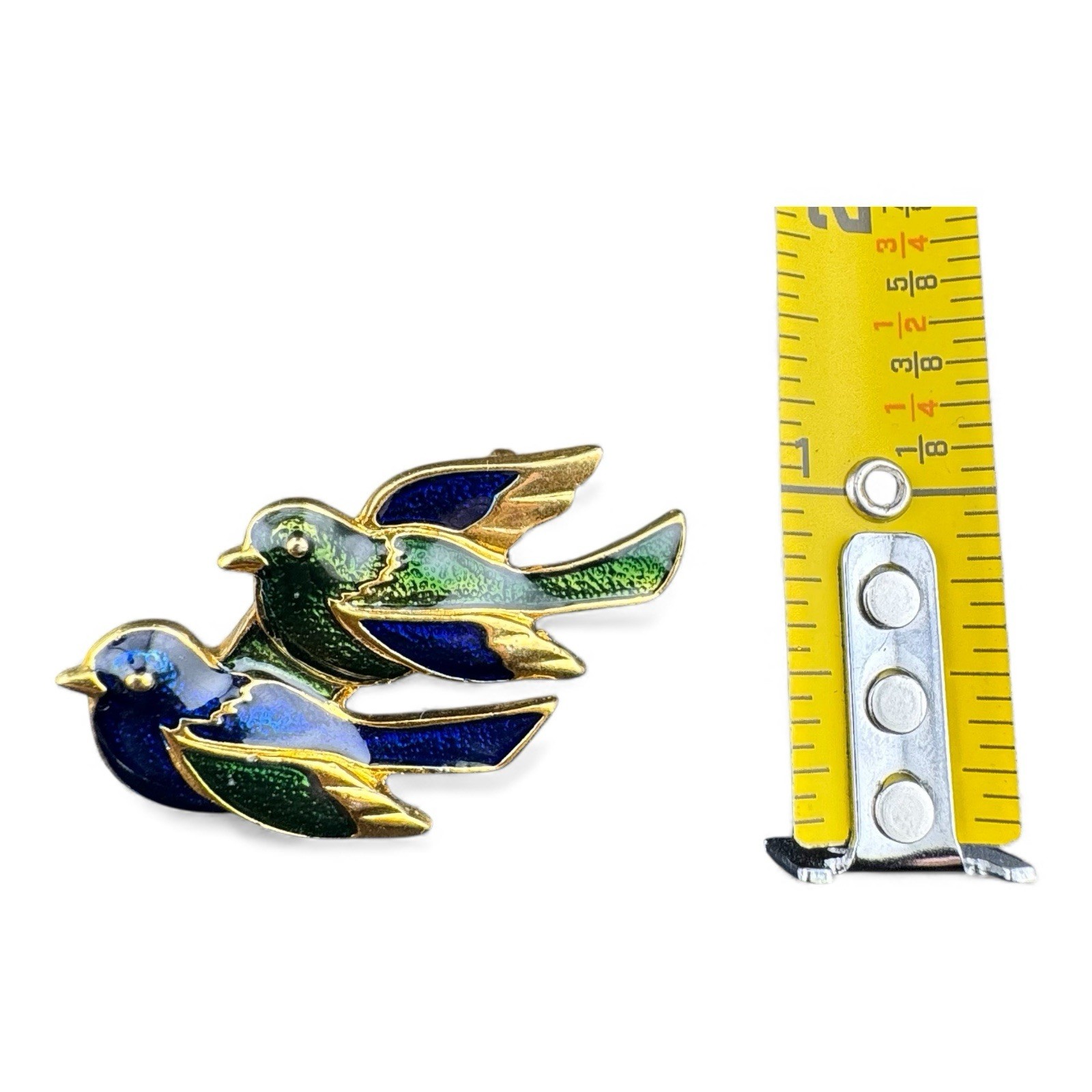 Vintage Gold Tons And Blue And Green Enamel Pair Of Birds Brooch