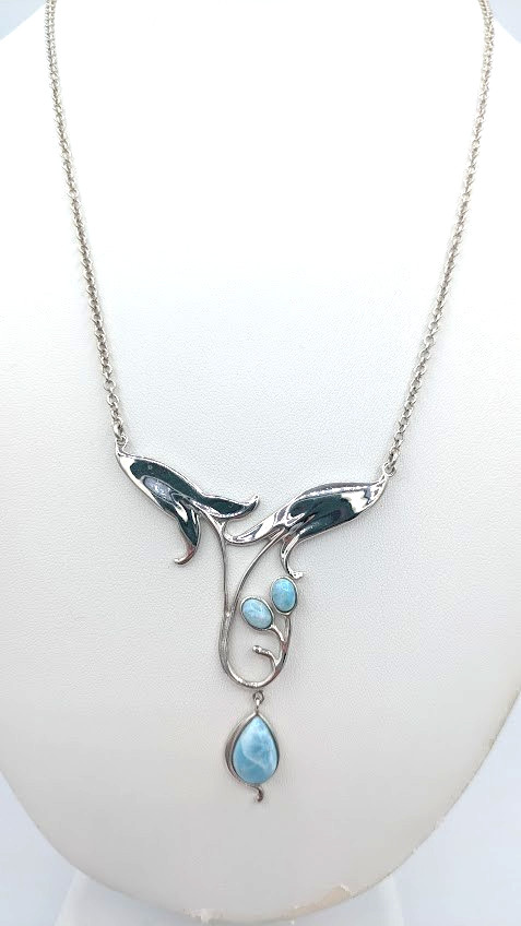 Vintage Floral Pendant Necklace Sterling Silver 925 Thailand Blue Glass