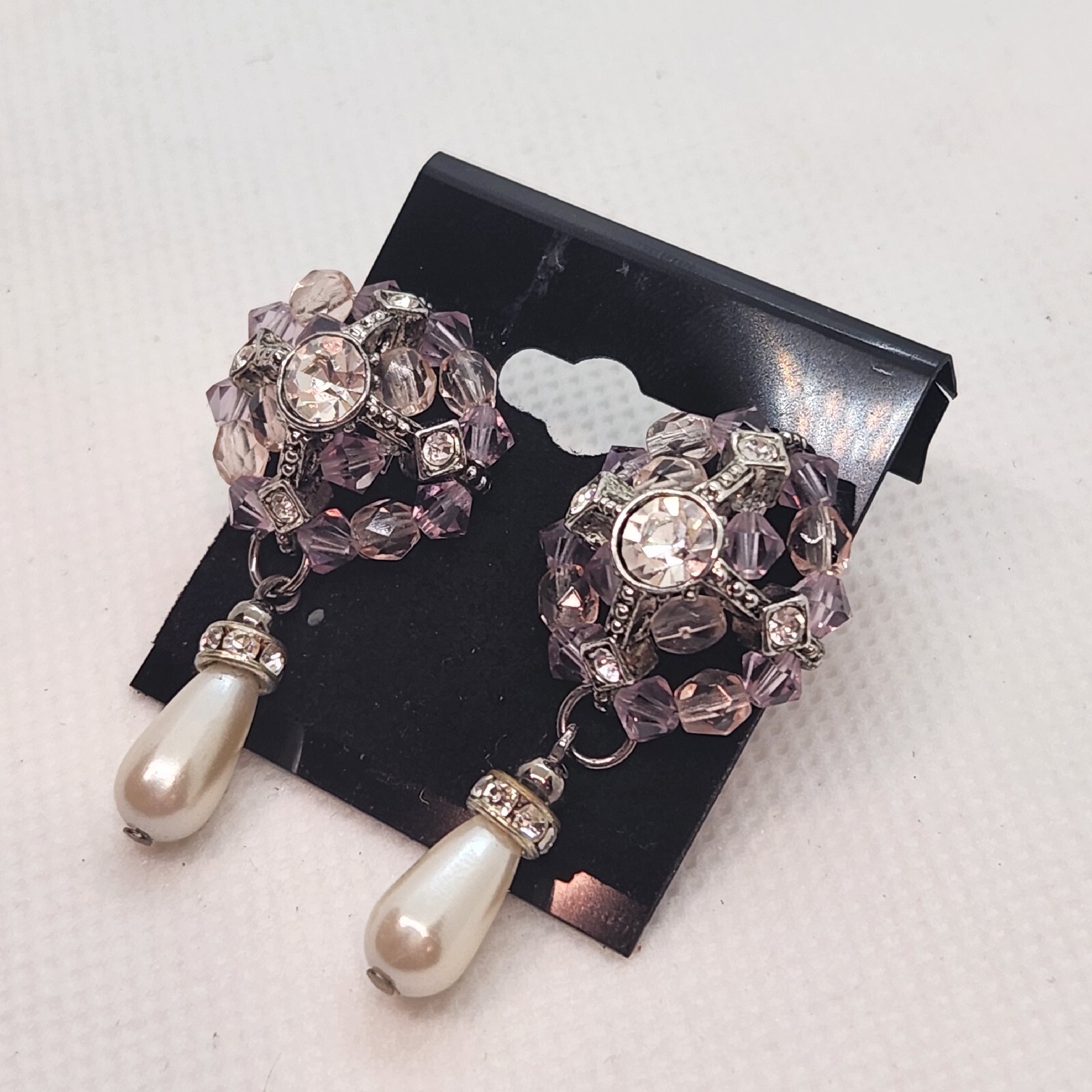 Purple Beadwork Rhinestone And Faux Pearl Dangle Earrings