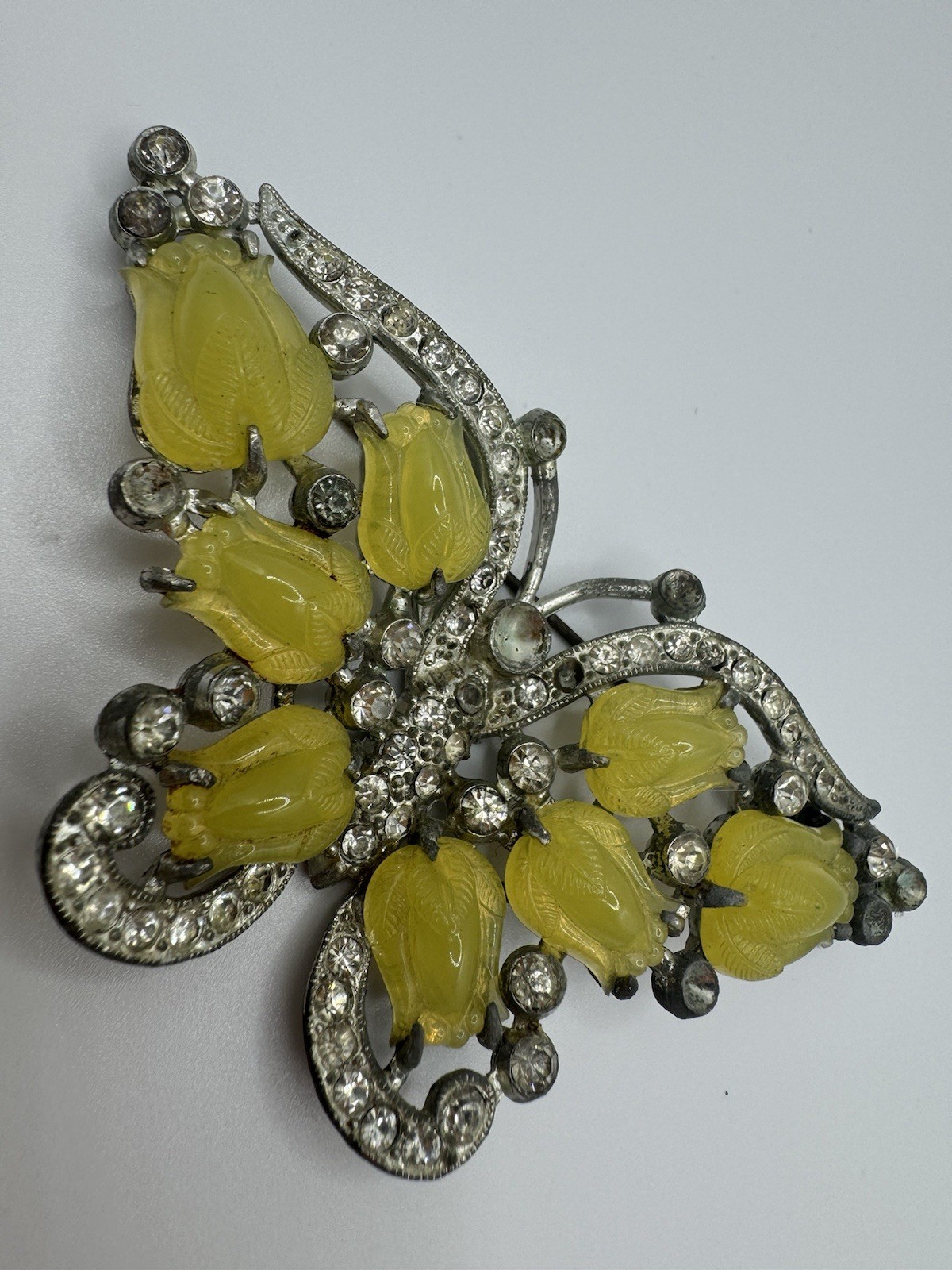RAREST VTG Vintage Costume Yellow Glass Fruit Salad CURVED BUTTERFLY BROOCH AS I