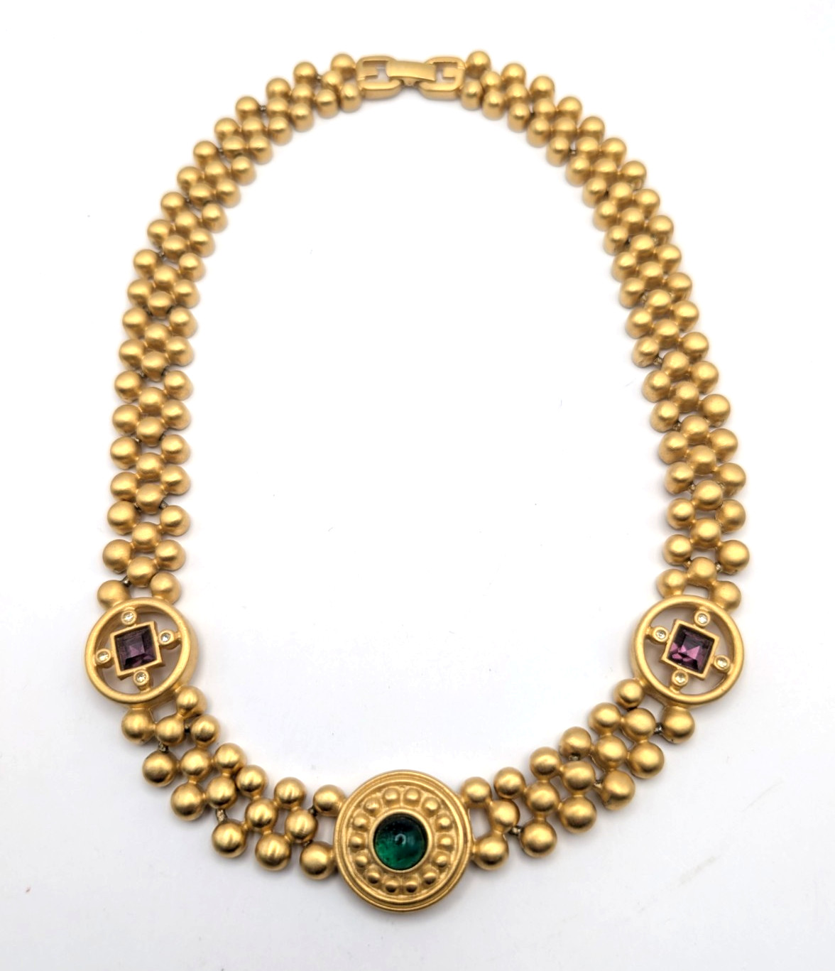 Vintage Givenchy Runway Necklace Gold Tone Green Purple Glass Cabochon Signed