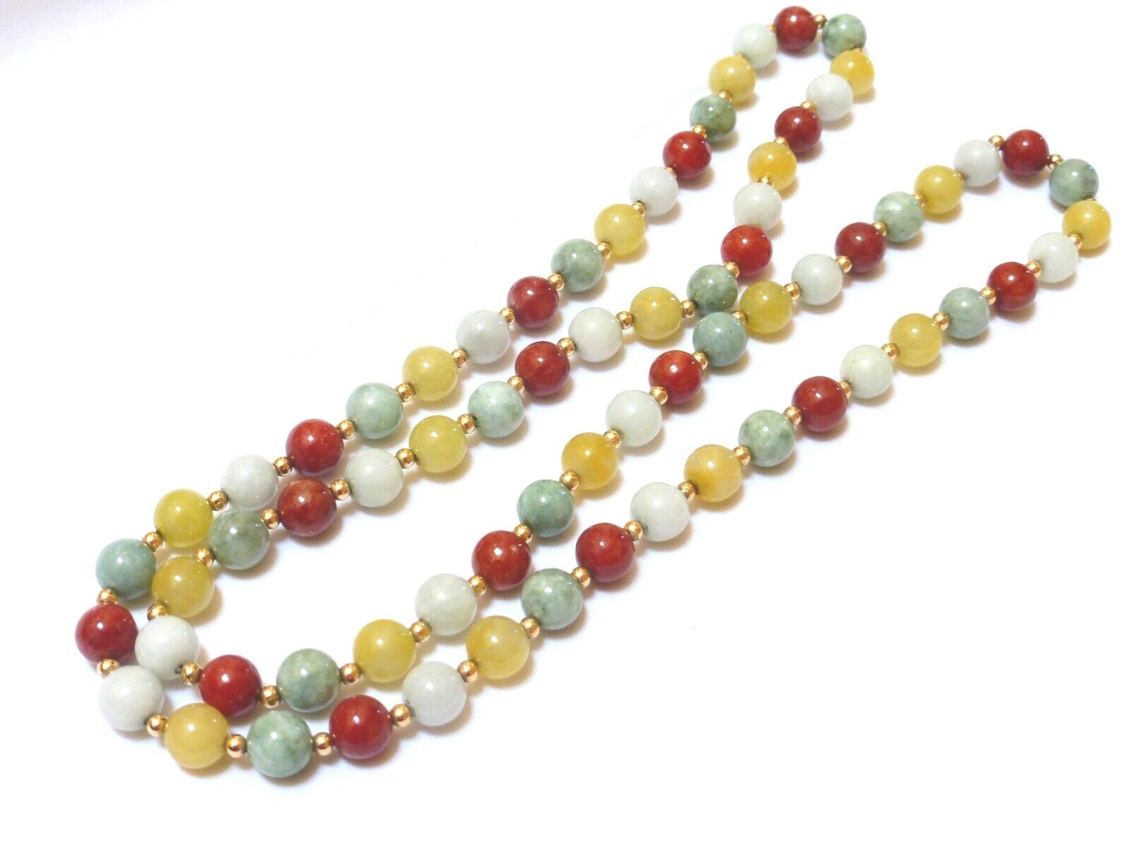 Vintage Chinese 14K Solid GOLD Multi-Color Jade 8mm Beads Necklace 28″, no clasp