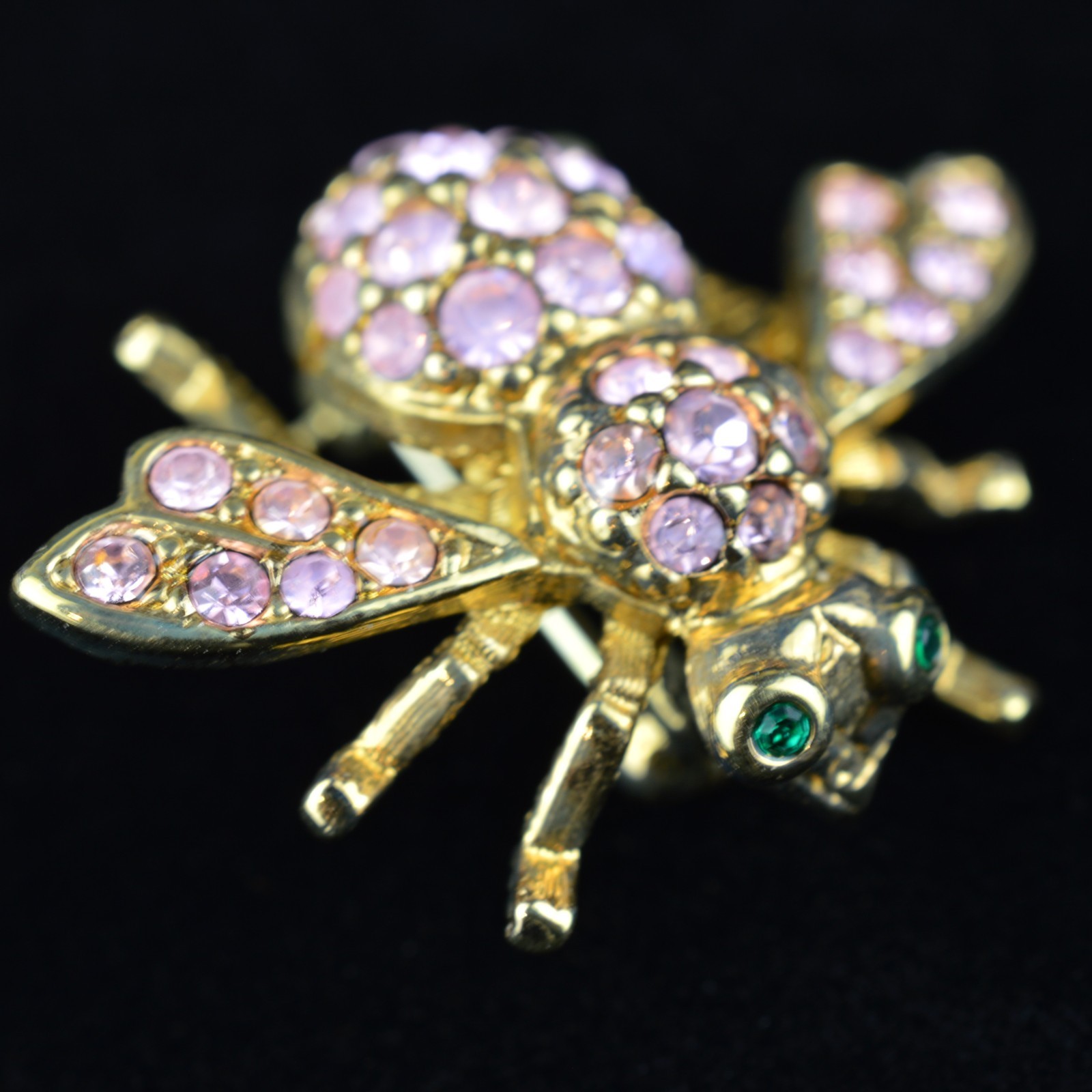 Joan Rivers Bee Pin Signed Pink Rhinestone Brooch Gold Tone Green Eyes Vtg