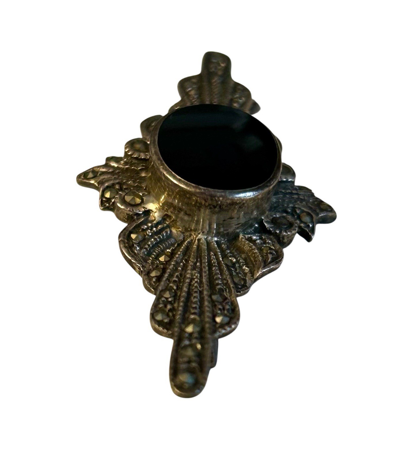 Vintage Sterling Silver Brooch Black Onyx Marcasite 925 Bezel 2″ Art Deco Style