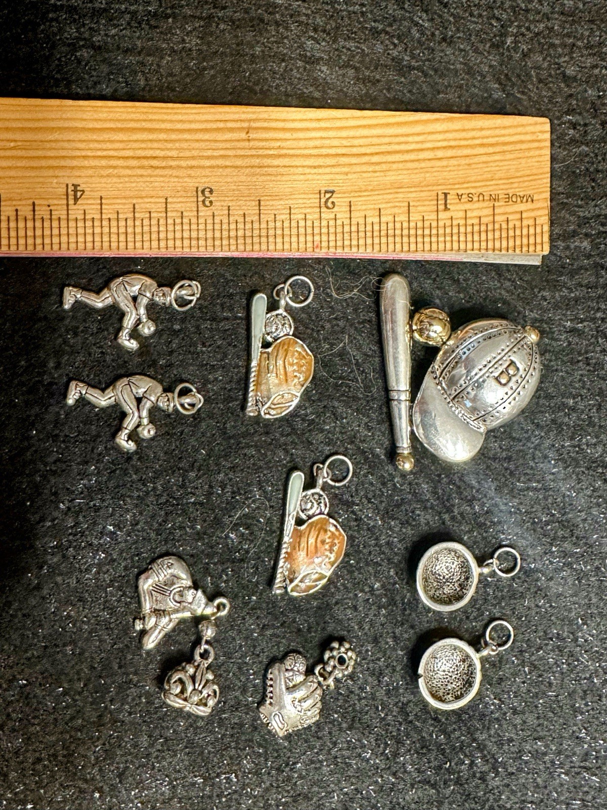 Lot of 8 Baseball Themed Silver-Tone Charms & 1 Enameled Pendant, Metal Alloy