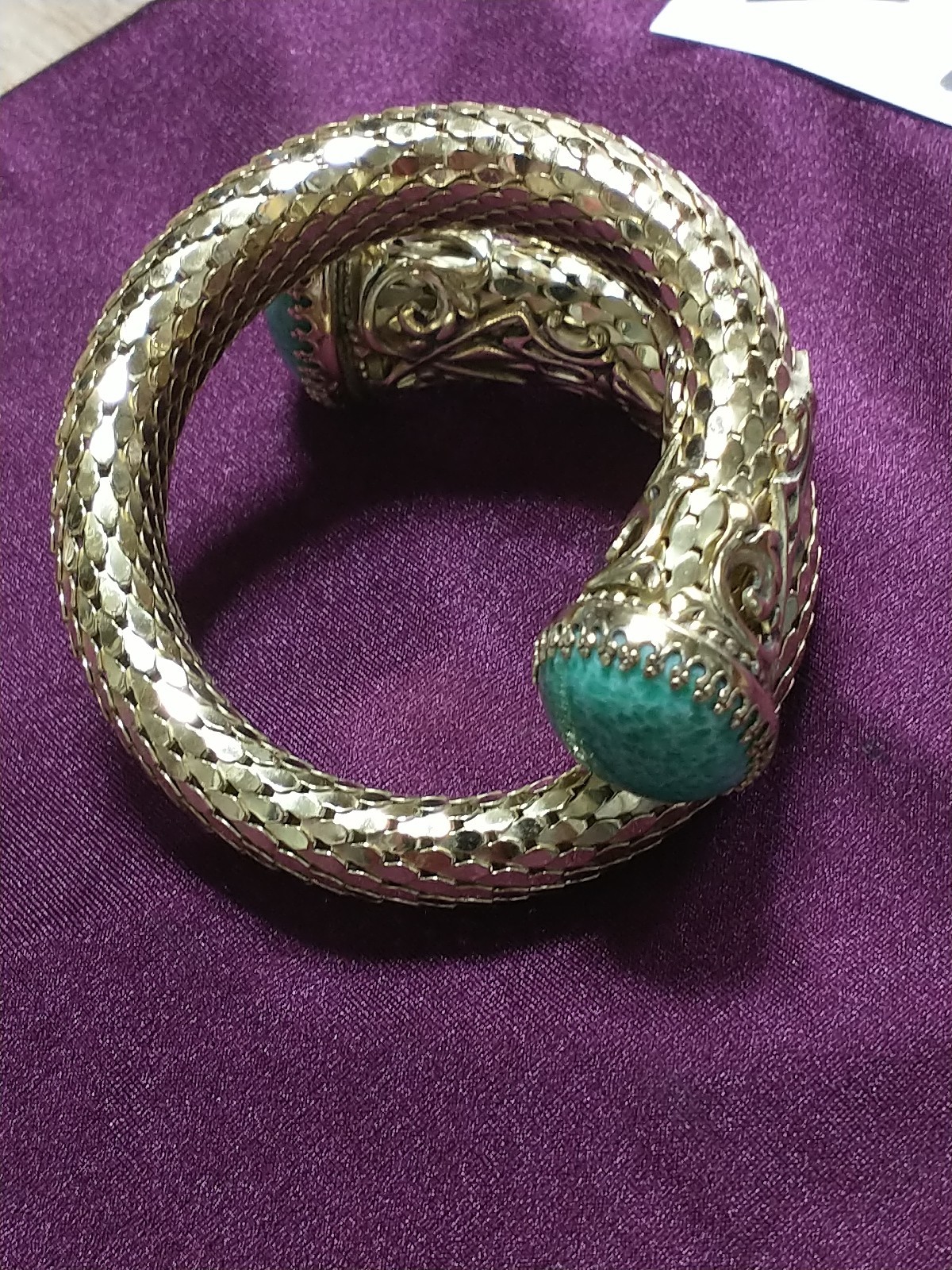 VINTAGE WHITING & DAVIS Mesh Snake Wrap Bracelet Green Peking Glass Cabochon