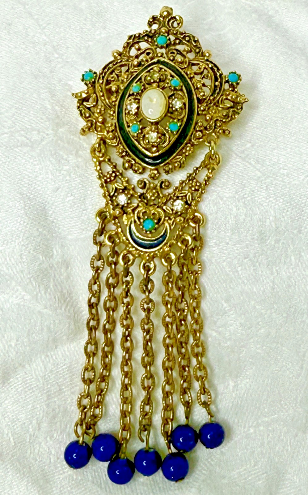 Vintage Florenza Filigree Brooch • Gold-Tone Fringe • Turquoise/Opalette