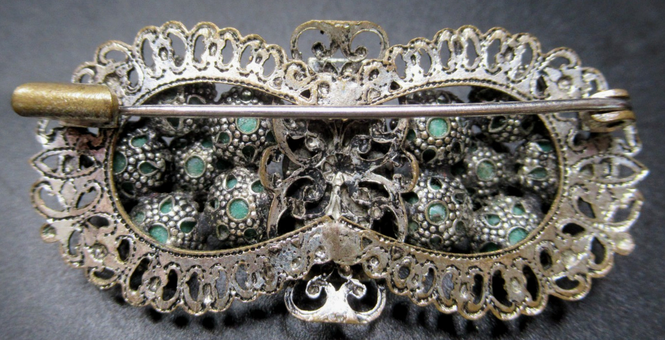 Art Deco CZECH Speckled Green Glass Beaded Antique Pin Brooch