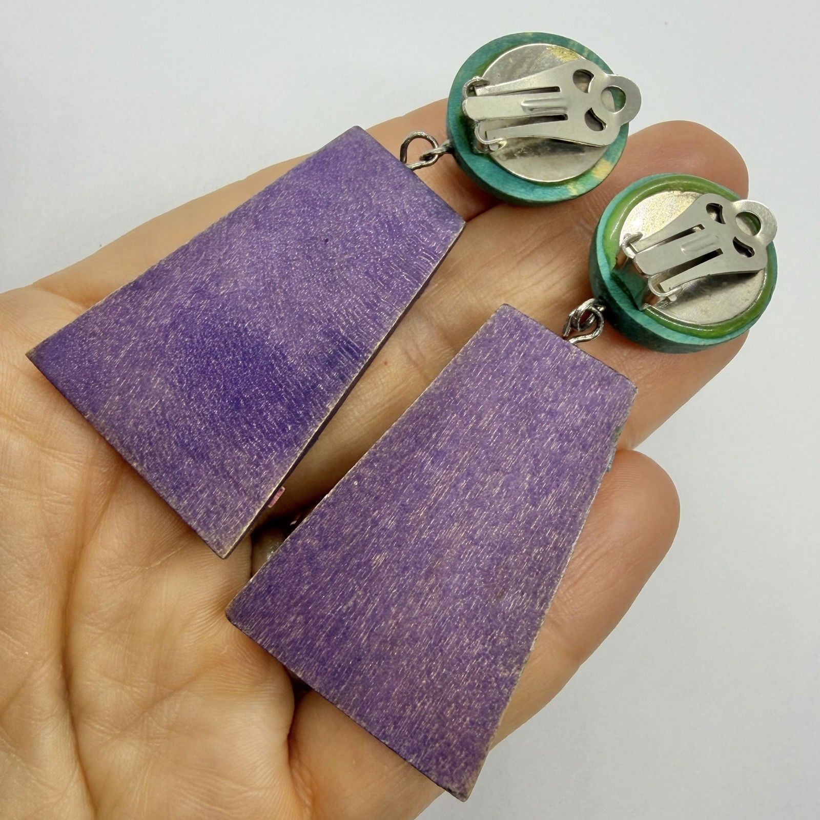 Vtg Big 80’s Wearable Art Statement Earrings Wood Basket Weave Purple Green Drop