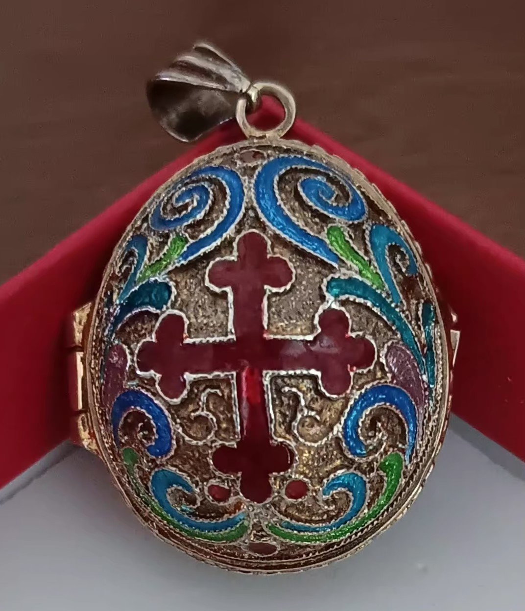 VTG c1990s Egg Pendant Locket Red Cross Gold Jesus Inside Silver Eagle Hinged