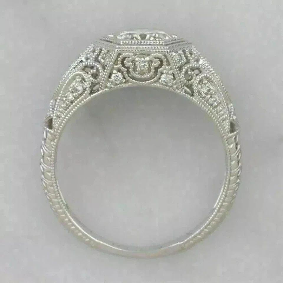 Art Deco Vintage Style Round Lab Created Diamond Engagement Ring 14K Gold Finish