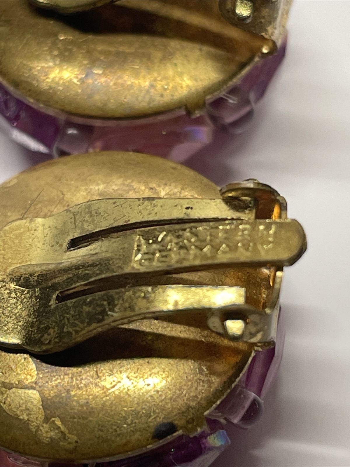 Vintage Western Germany Gold Tone Purple Beaded Cluster Clip On Earrings