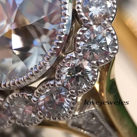 Round Cut 3CT Real Moissanite 14K 2-Tone Gold Over Vintage Art Deco Flower Ring