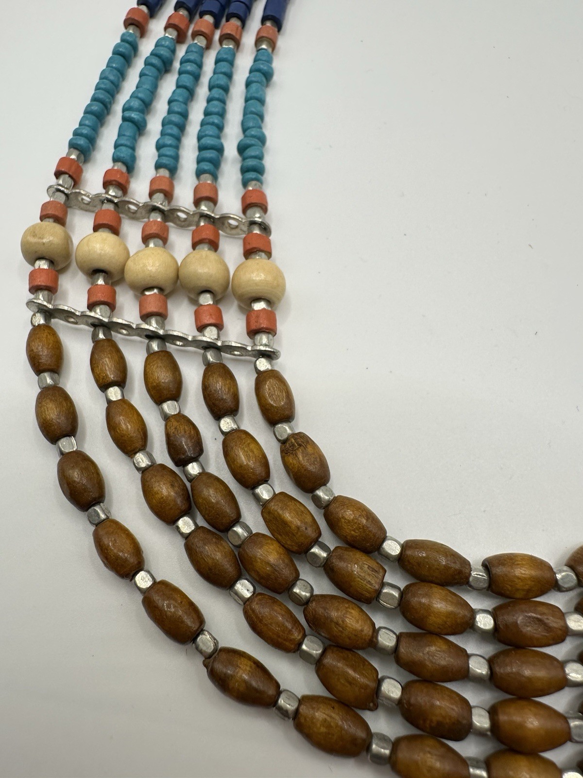 Multi Strand Layered Wood Multi Color Beaded Necklace African 16”