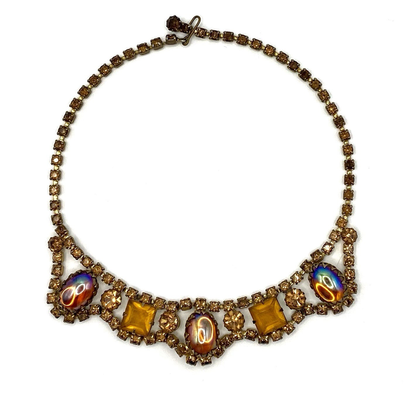 Vintage Dragon Breath Rhinestone Cabochon Necklace Flame Citrine Color Cup Prong
