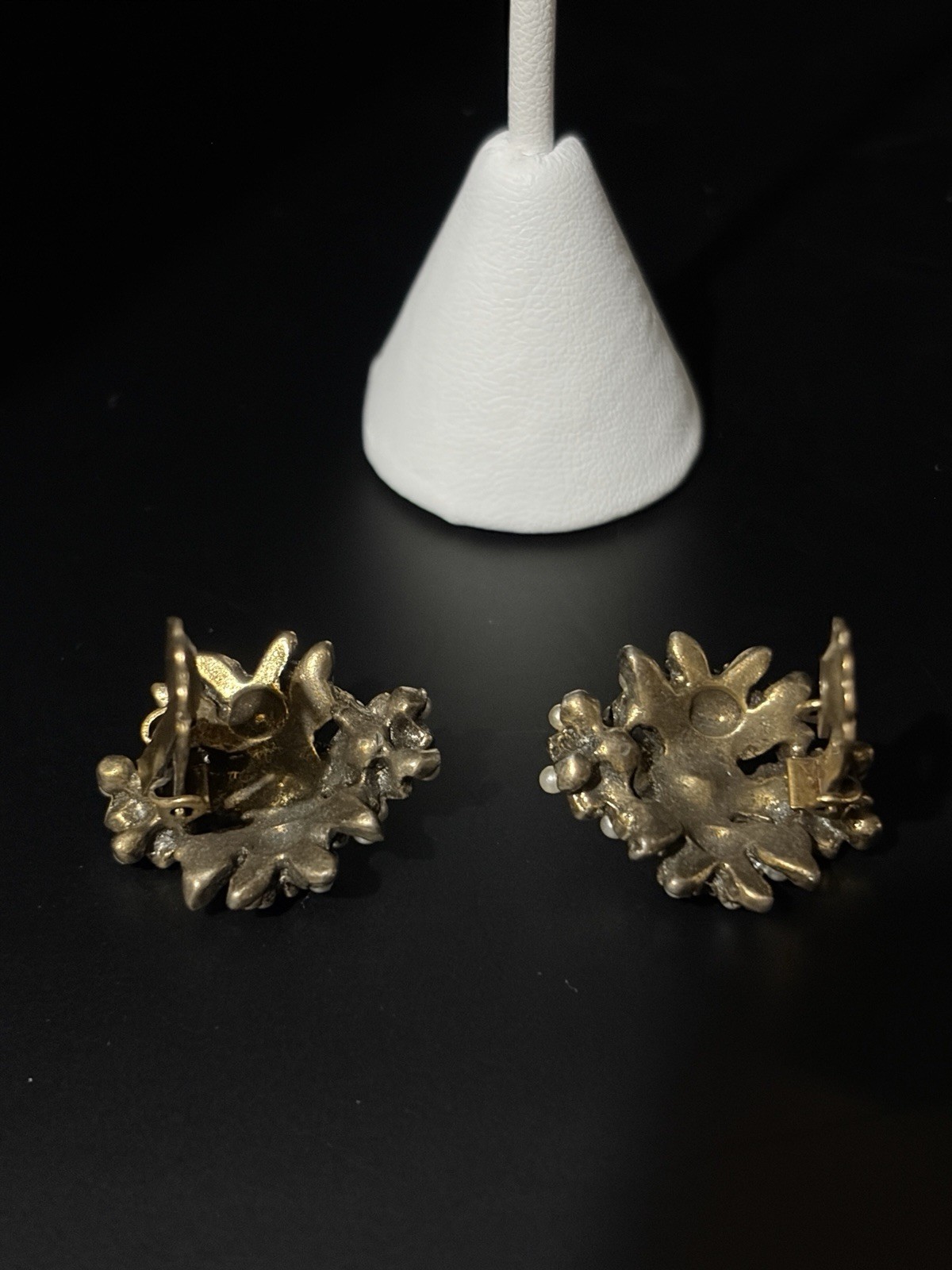 Vintage Opaline Glass Pearl Rhinestone Floral Clip Earrings Gold Tone