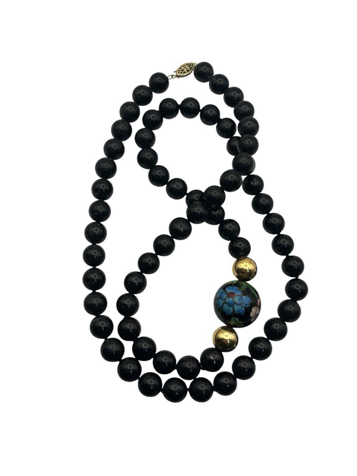 Gold filled Chinese cloisonné flower beaded black vintage necklace