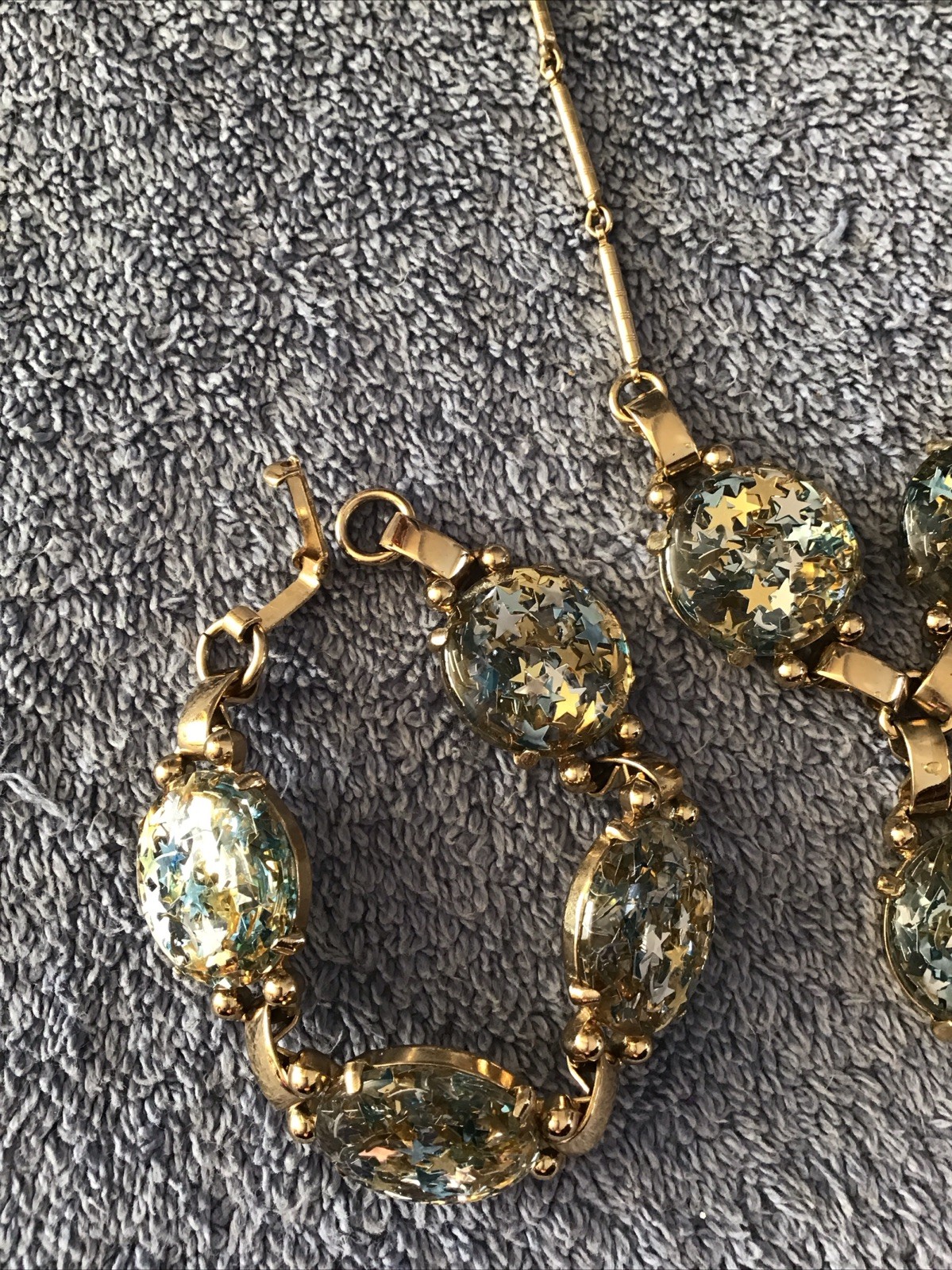 Vtg Confetti Necklace Bracelet Set Gold StarIntaglio Y Drop Pendant Choker Lot 2