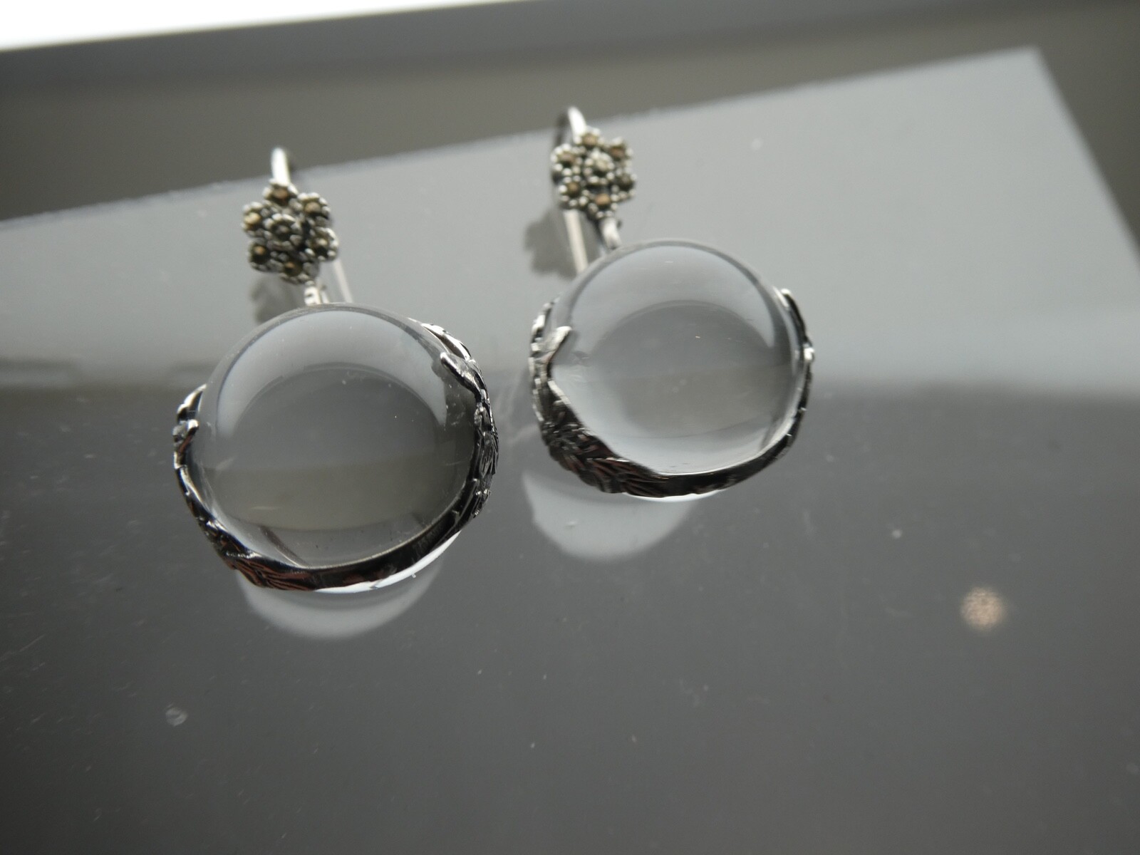 Genuine Pool Of Light Sterling Silver 925 Floral Orb Marcasite Dangle Earrings