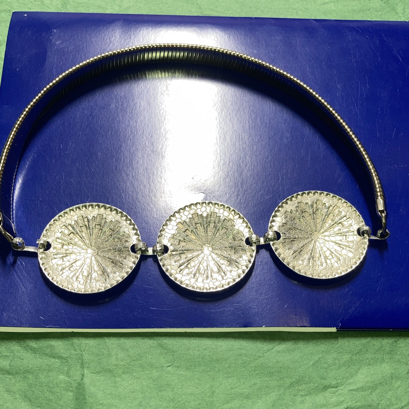 Women’s Silver Tone Metal Snake Chain Necklace w/ Hook, 3 Round Discs, Tribal