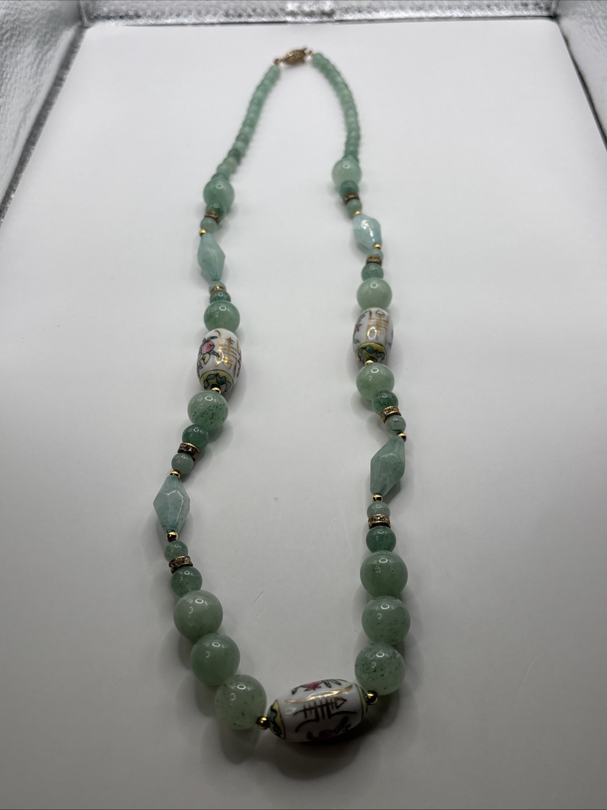 Vintage Chinese Hand-Painted Porcelain and Green Jade Beaded 34”Necklace