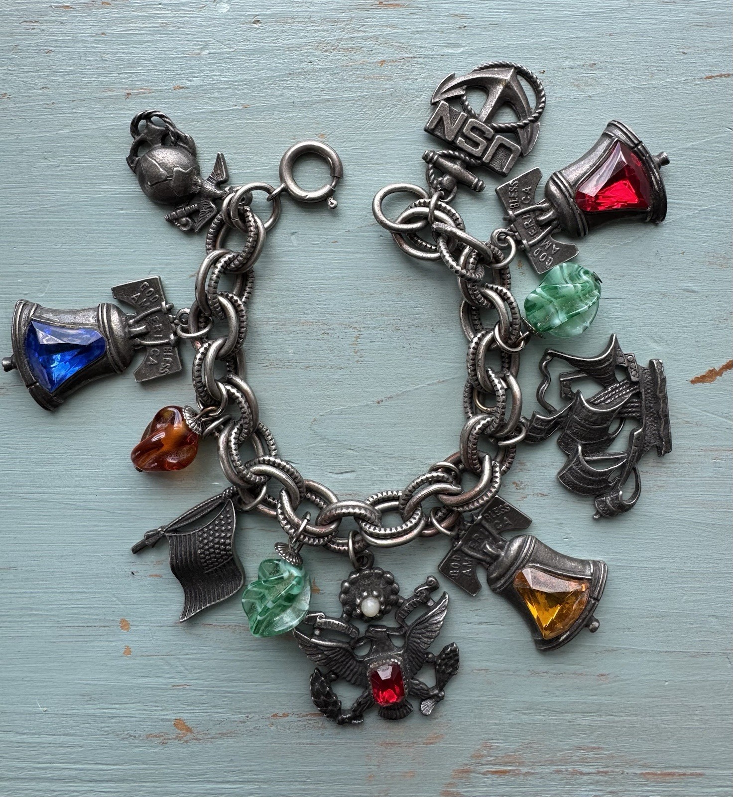 Vintage 1950s Silver Tone Chain Charm Bracelet Patriotic US Navy Liberty Bell