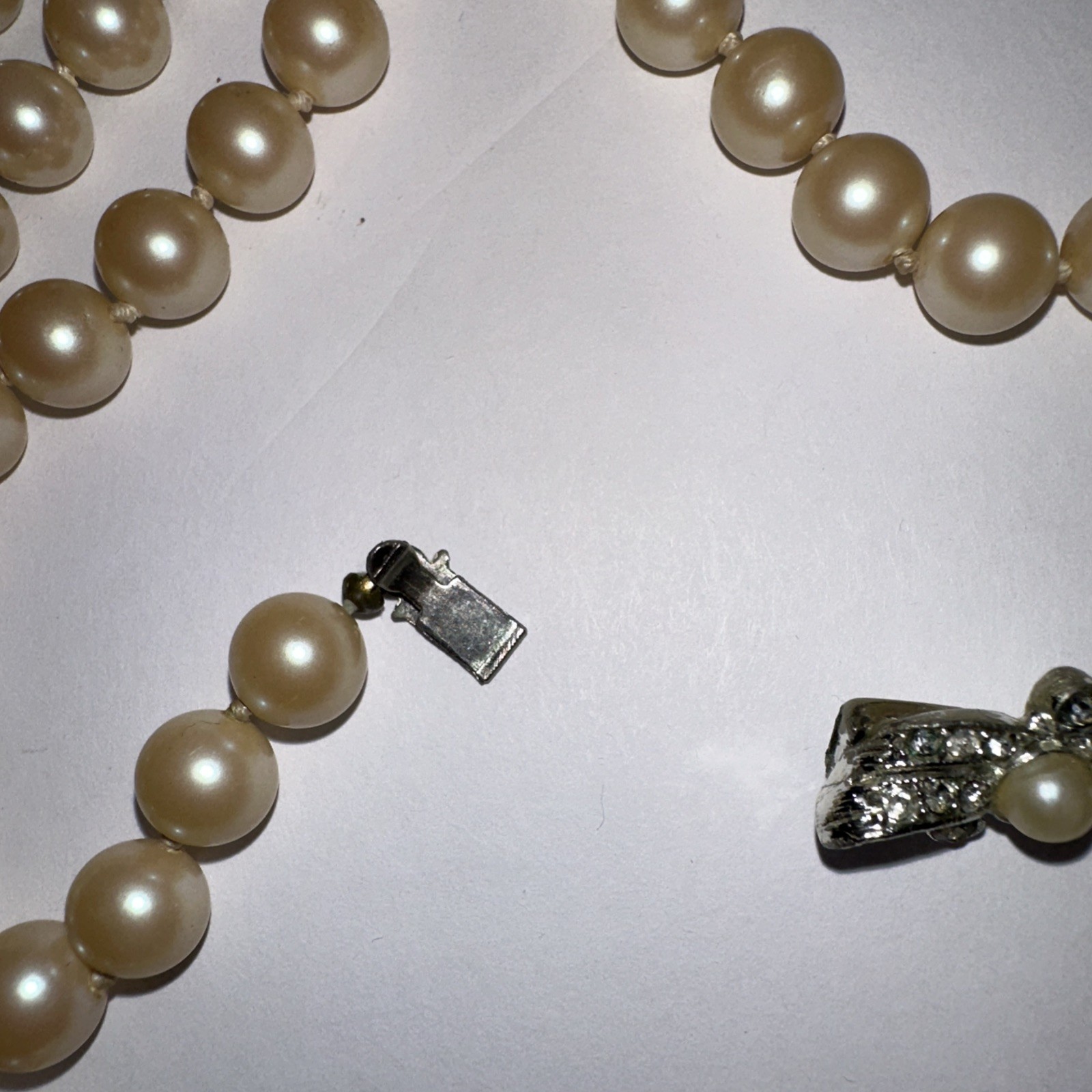 Faux Pearl Necklace Hand Knotted Cream Pearls 32″ Silver Tone & Diamanté Clasp