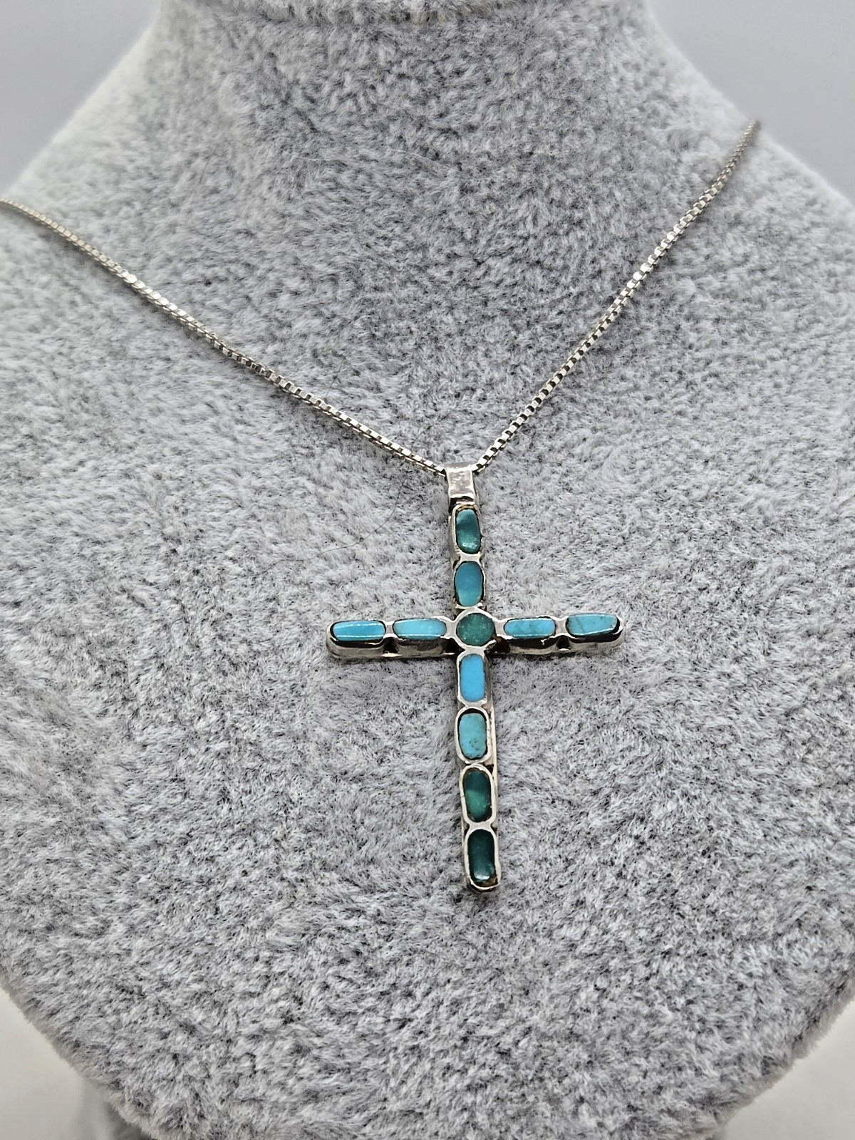 Vintage Handcrafted Native Silver Inlay Turquoise Cross 1.5″ Chain Necklace 18″