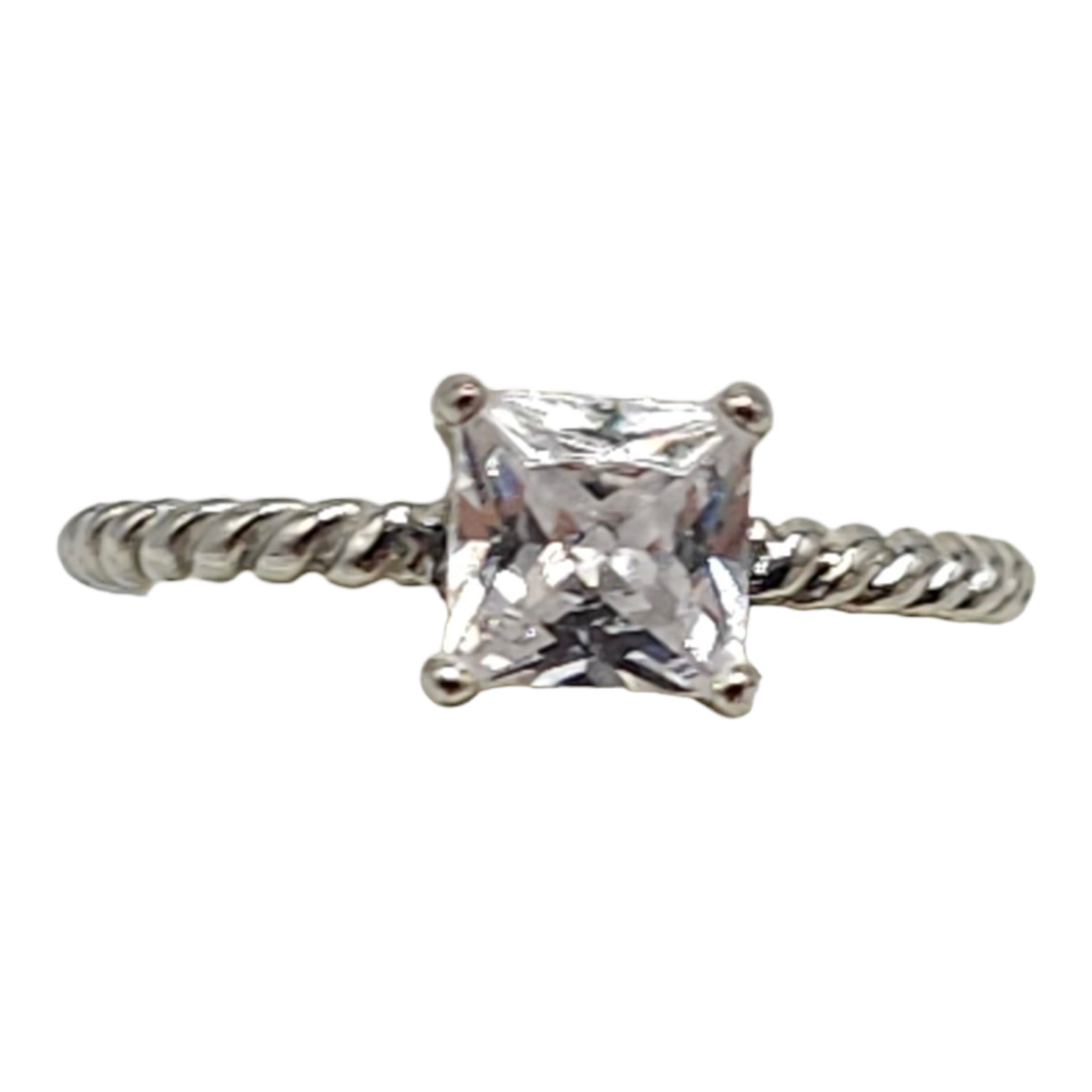 Rope Twisted Solitaire Emerald Cut Clear Rhinestone Ring Silver Tone VTG 7.75