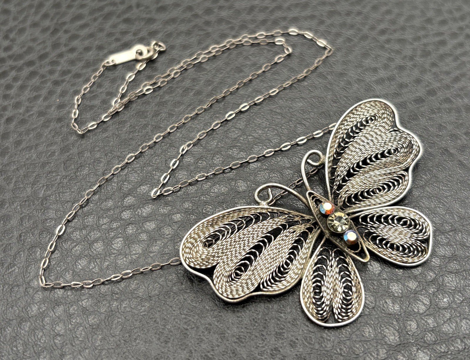 Sterling Silver Filigree Butterfly Pendant Necklace w/ Aurora Borealis