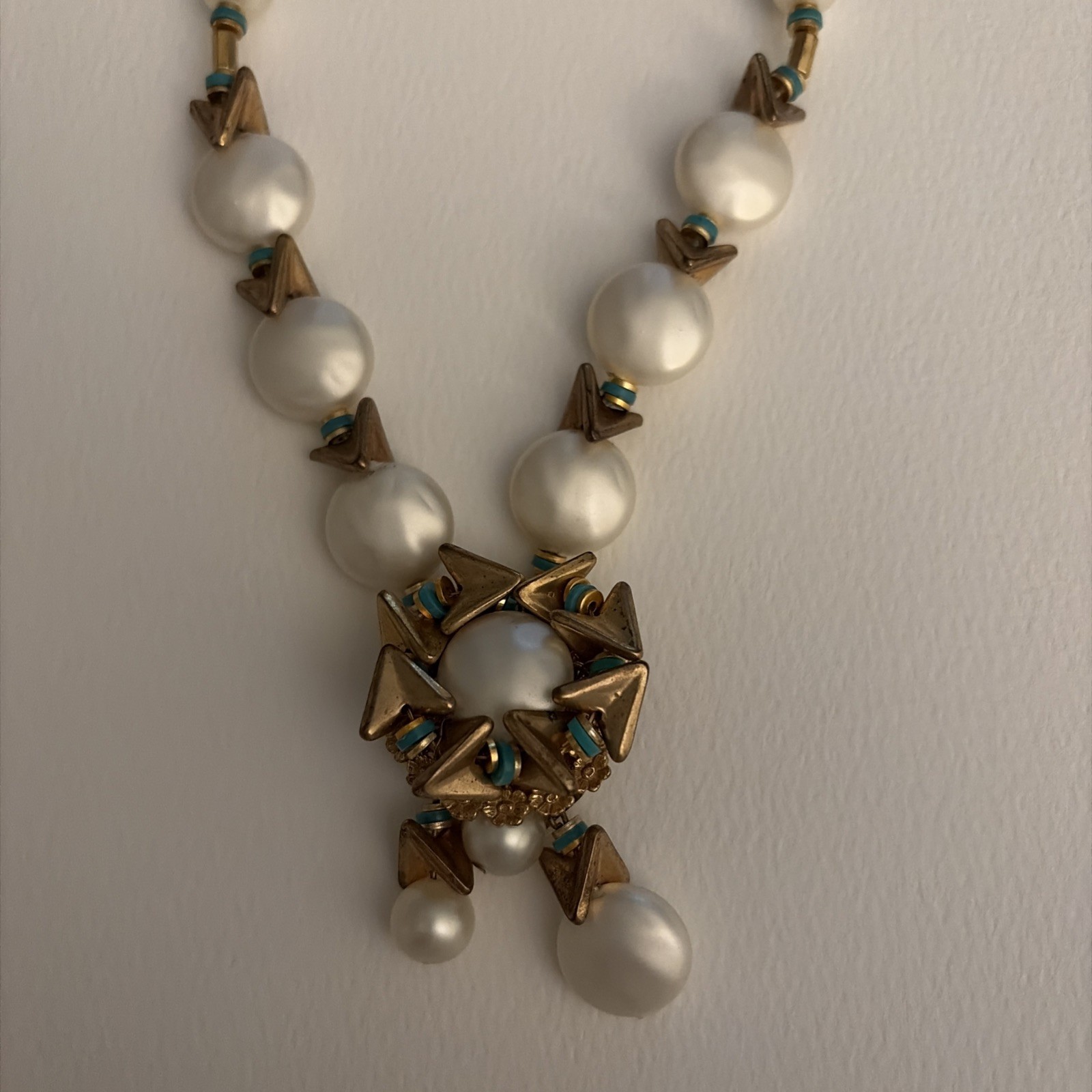 Vintage Statement, Necklace, Pearls Turquoise, And Gold Tone, 22 Inches signed