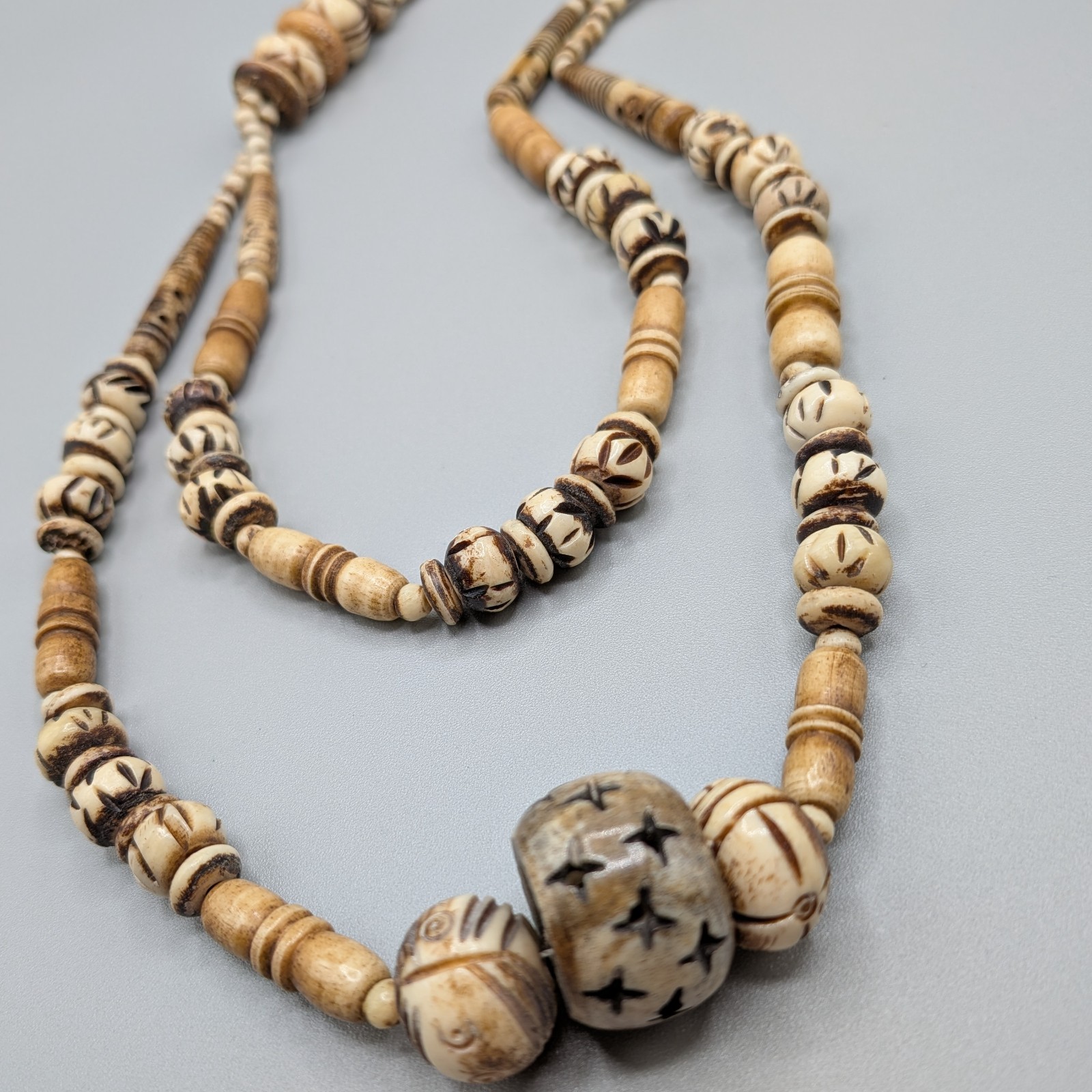 Vtg African Tribal Bovine Bone Chunky Double Strand Layer Statement Necklace 32″