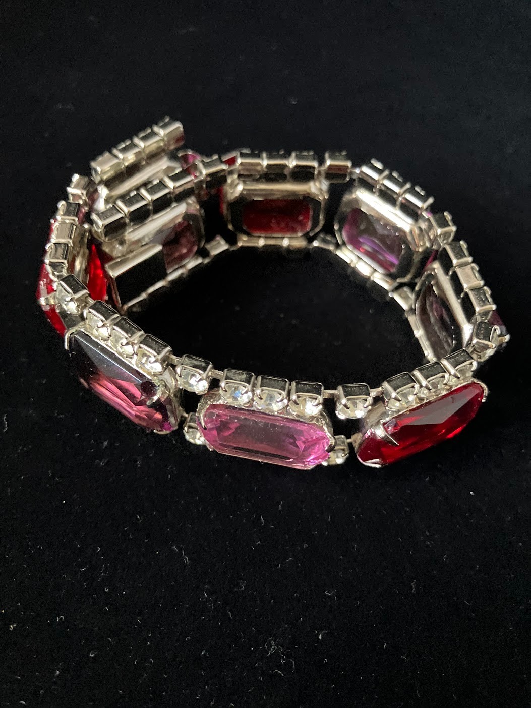 Vintage Rhinestone Panel Bracelet Square Cut Chunky Bling Purple Pink Red Clear