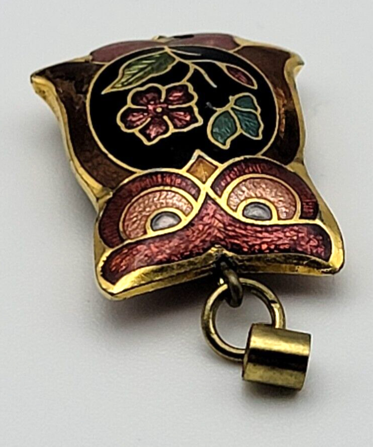 Vintage Yellow Gold Plated Multicolor Cloisonne OWL Pendant 1 In Reversible