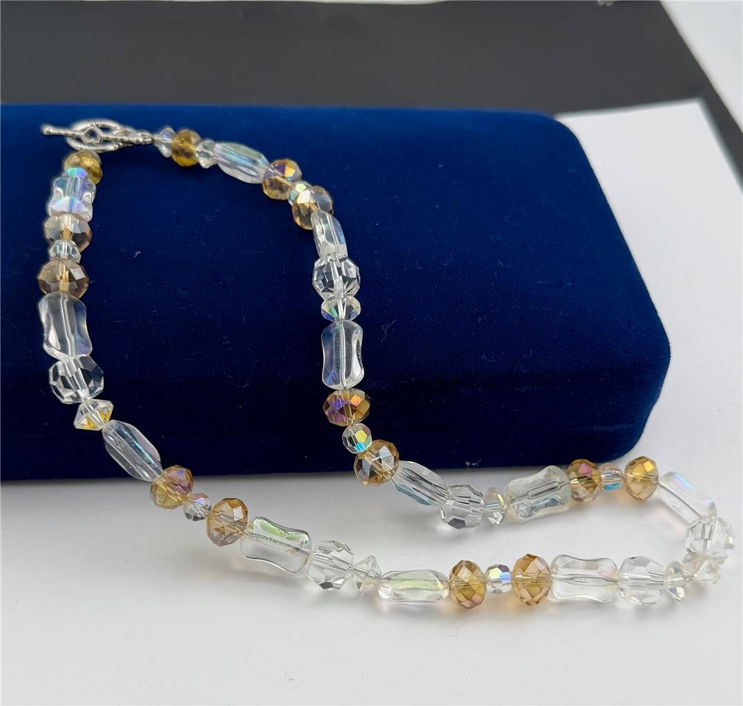 Vintage 90’s Clear & Topaz AB Crystal Glass Beads Toggle Clasp Necklace 17″ L.