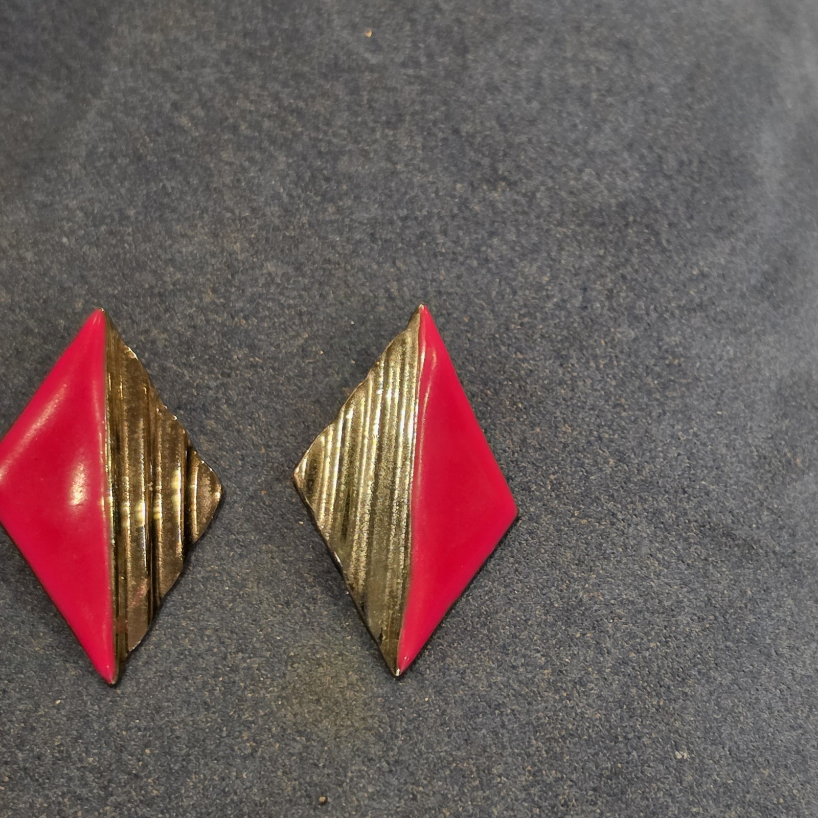 Vintage 1980s Red Enamel Silver Tone Diamond Geometric Post Earrings Bold Retro