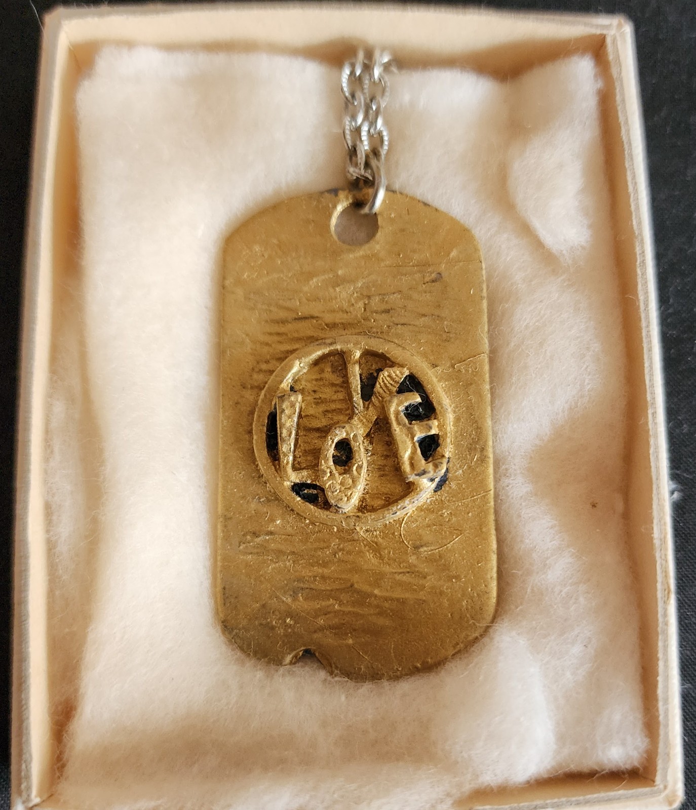 Vintage LOVE Dog Tag Pendant Necklace Pewter Painted in Gold Color