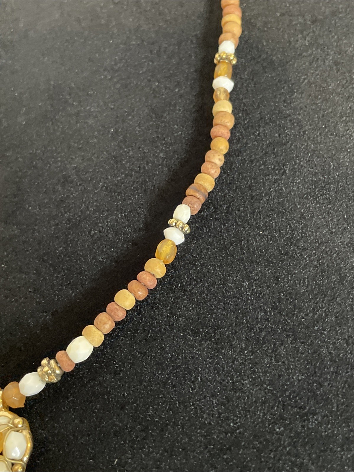 Wood Amber Resin White Beaded Lariat Choker Necklace 17 inches Hanging Pendant