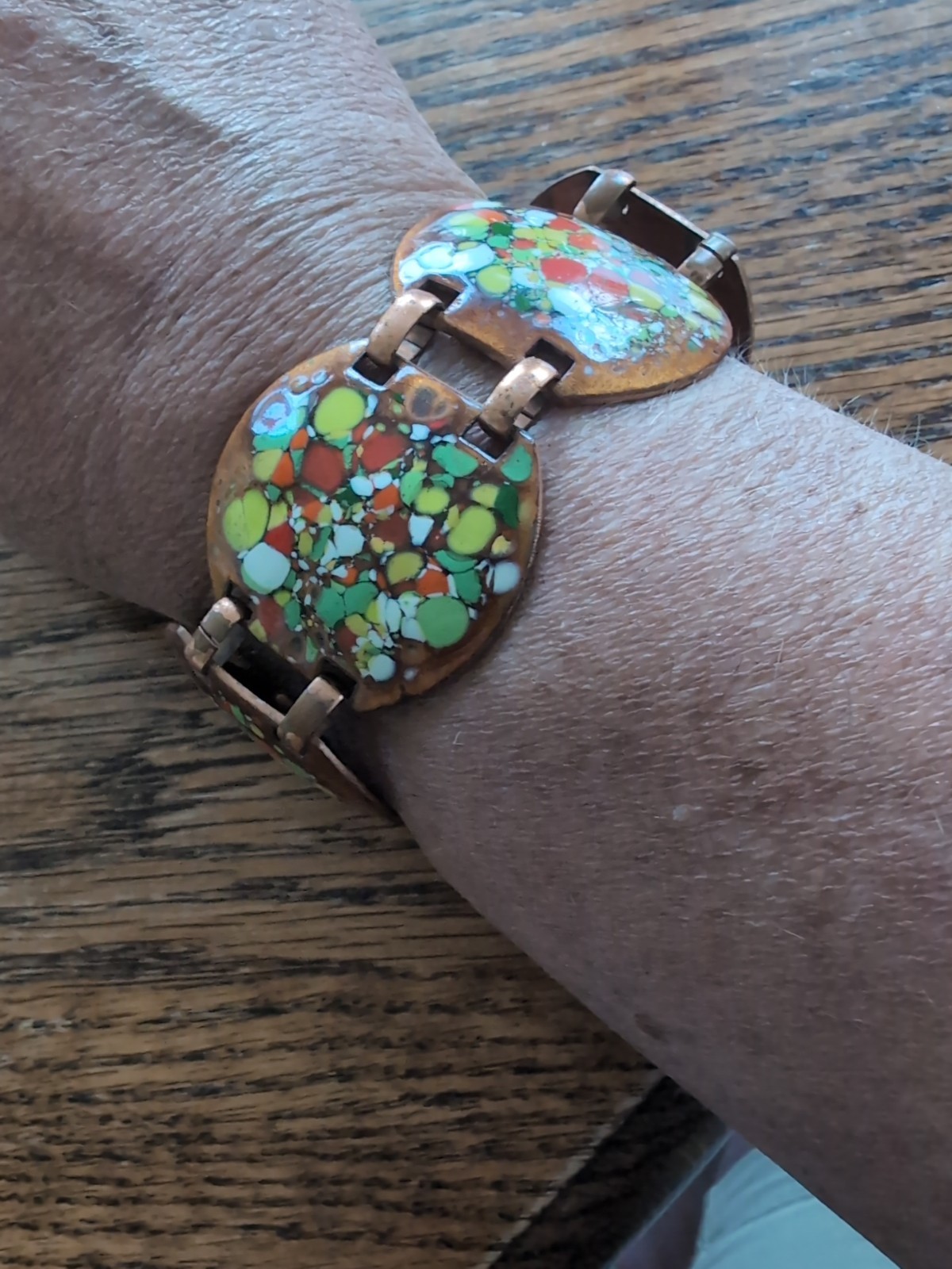 Vtg Unbranded Very Unique Copper & Enamel Link Bracelet~1.5″ Wide~7.5″ Long@~