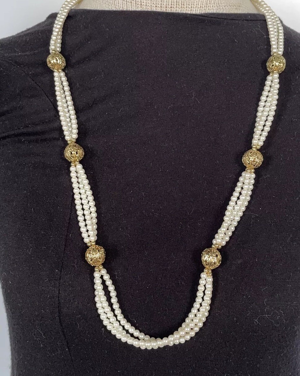 Trifari TM Vintage 3-Strand Faux Pearl with Gold Accents Jewelry Necklace 15”