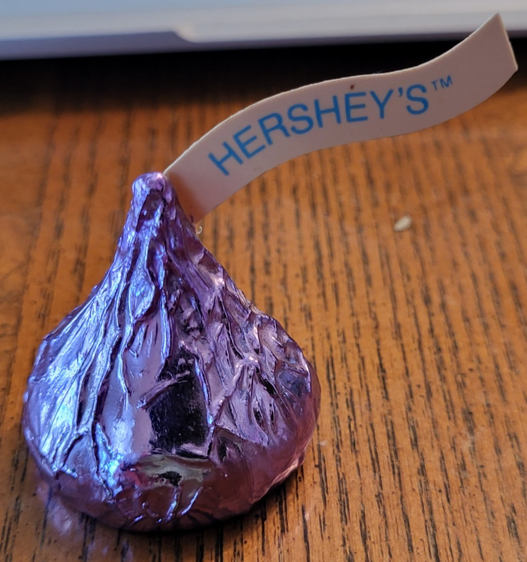 Vintage 1990s Hershey’s Kisses Purple Foil Chocolate Candy Lapel Pin Brooch 1996