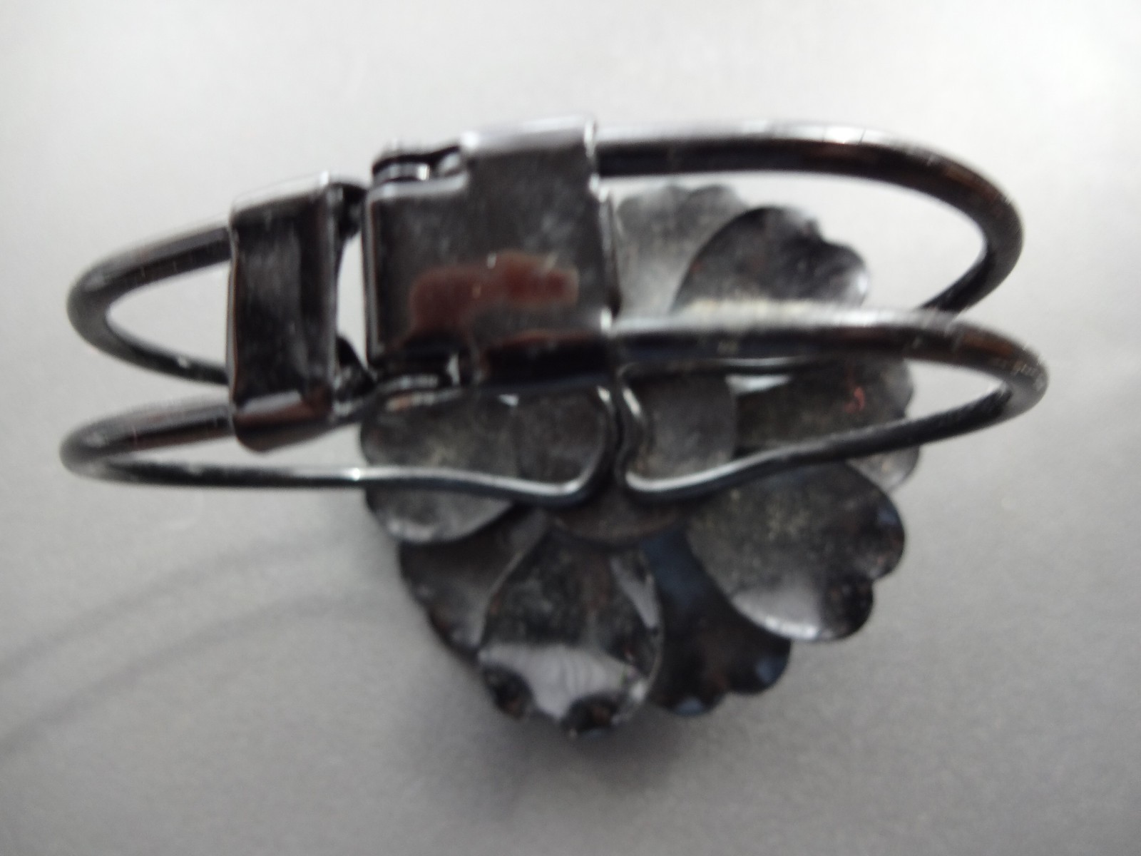 Vtg Chunky Black Enamel Metal Rose Flower Clamper Bracelet Rare Mourning