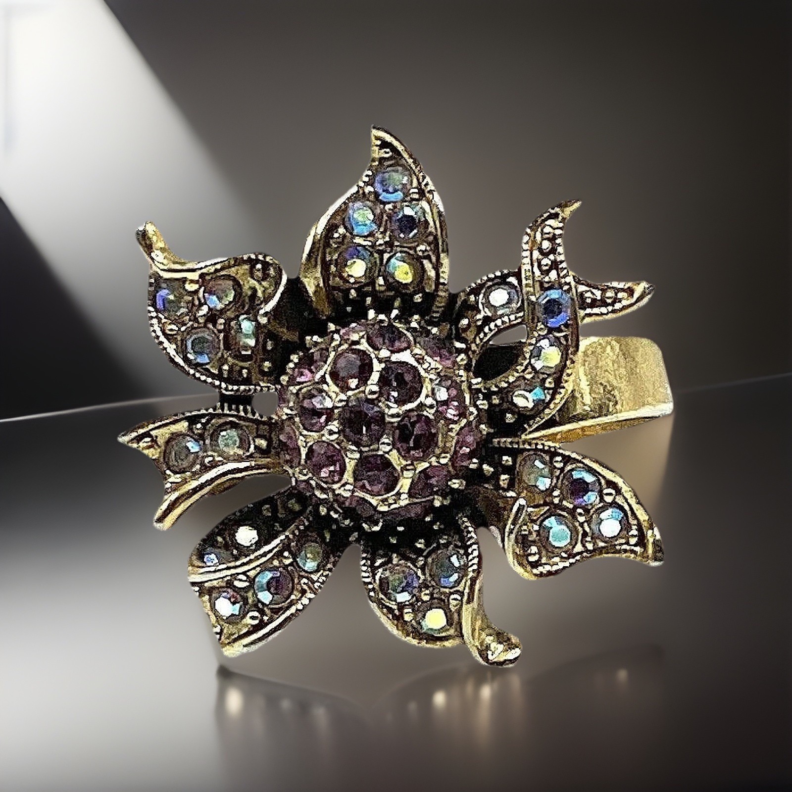Sunburst AB Crystal Sunflower Gold Expandable Cocktail Ring Vintage Estate Piece