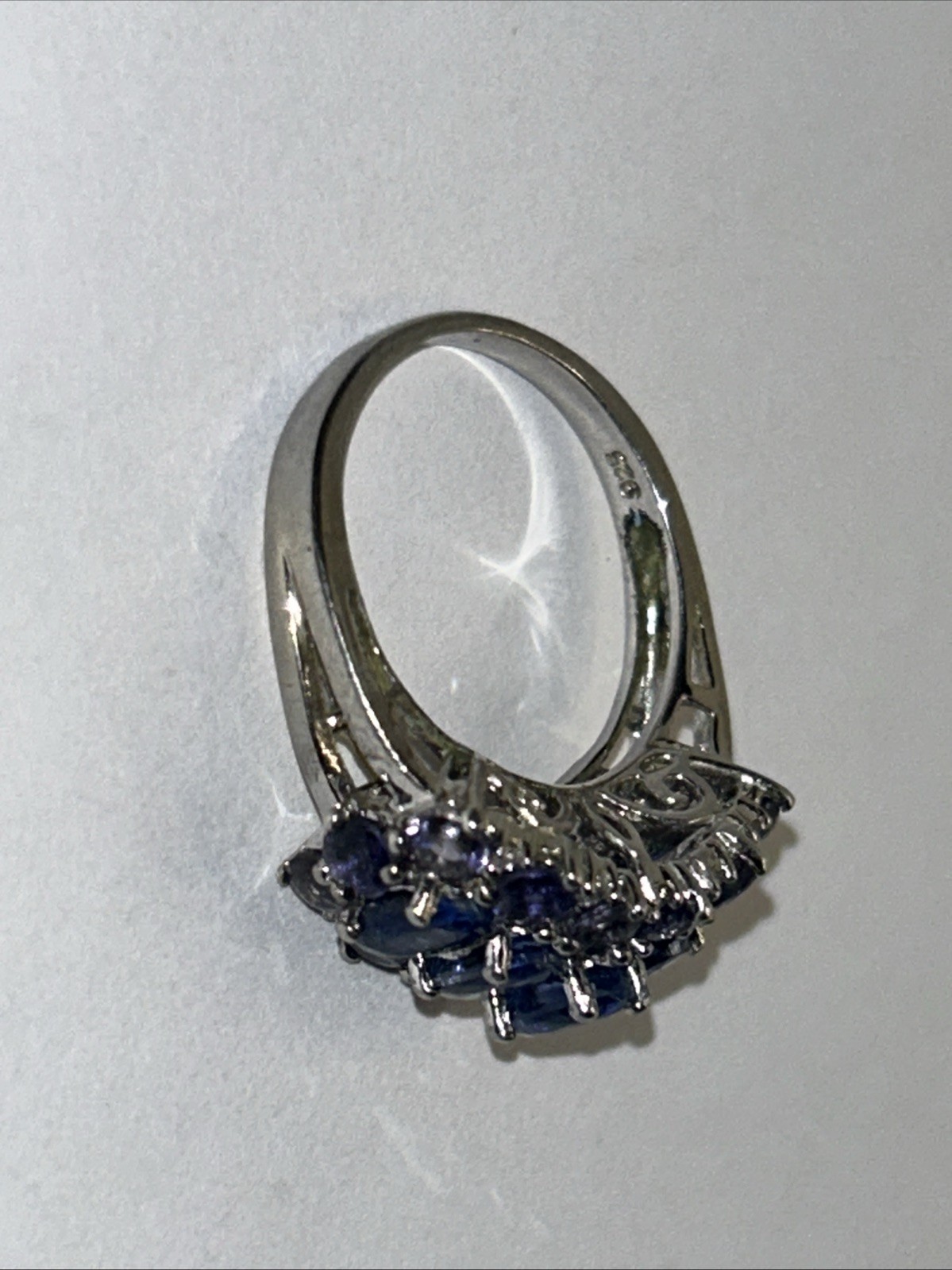STERLING SILVER lab created BLUE SAPPHIRE & AMETHYST TRIPLE ROW RI RING Sz 8 925