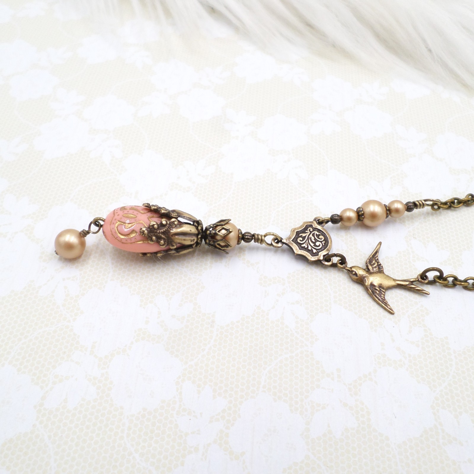 Victorian Style Brass Bird Necklace Pink Acrylic Bead Gold Pearl Handmade Unique