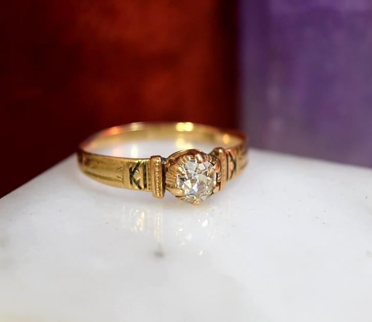 Antique Edwardian 14K Rose Gold .34ct Mine Cut Diamond Solitaire Ring Sz 8.4