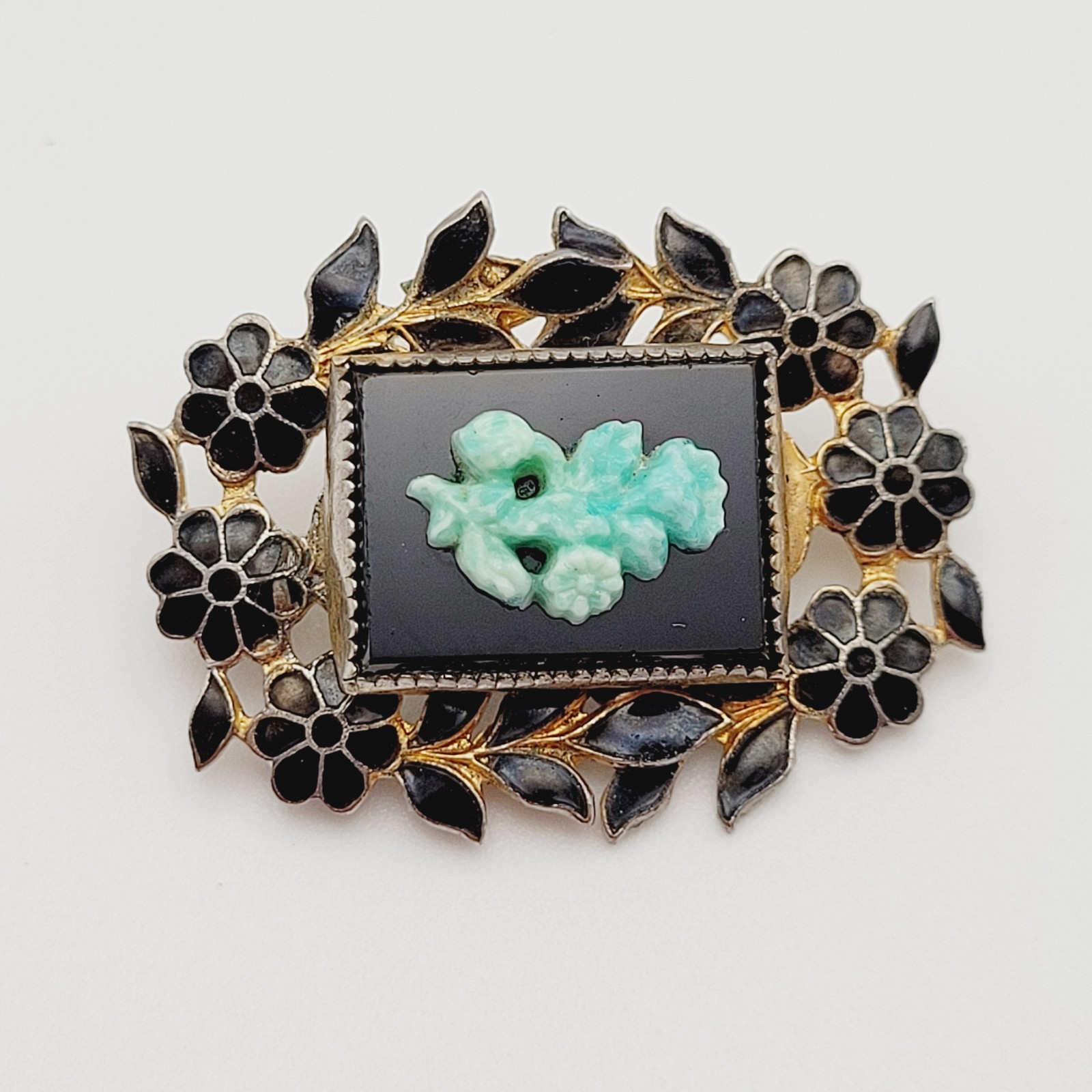 Nouveau Peking Glass Floral Victorian Mourning Brooch Style 1930s Vintage Brooch