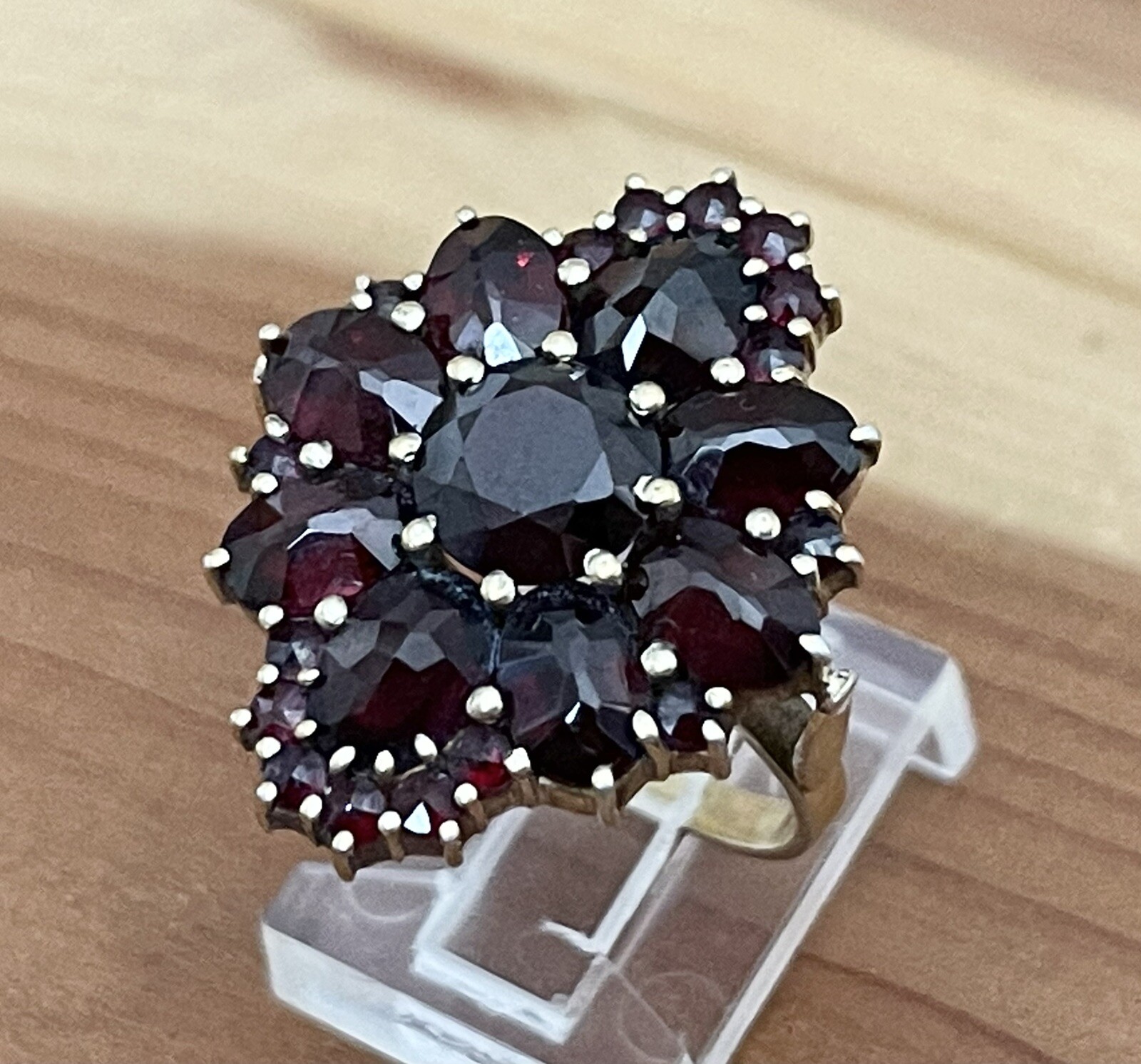 VICTORIAN STYLE BOHEMIAN GARNET COCKTAIL RING 14k GOLD & STERLING VERMEIL 7.75