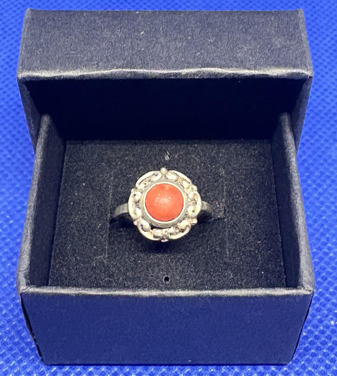 A11 Size 2 Christening ANTIQUE Historic 1890s 6mm Red Coral 835 Silver Ring